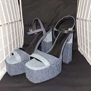 Patchwork Denim Platform Block Heels